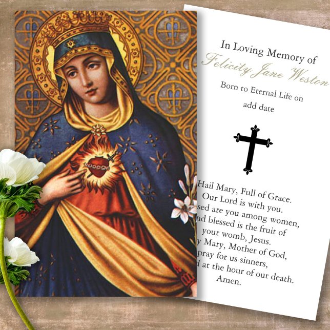 Funeral Loss Mary Heart Prayer Sympathy Cards (catholic, religious, celebration of life, in loving memory of, prayer cards for bereavement)