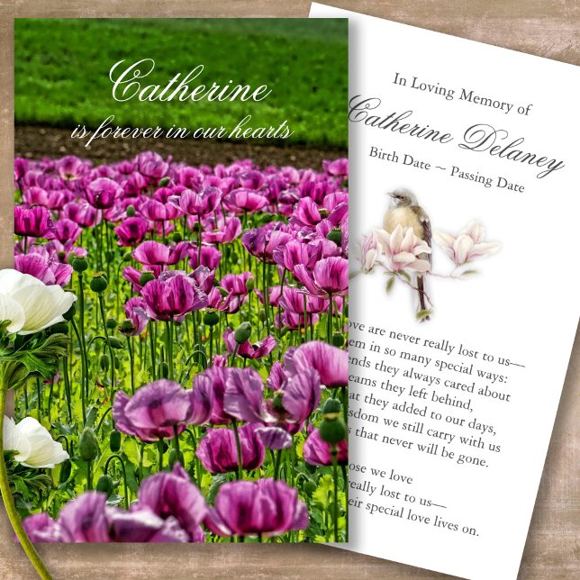 Funeral Loss Purple Poppy Prayer Sympathy Cards (Forever in our hearts, celebration of life, in loving memory of, prayer cards for bereavement)