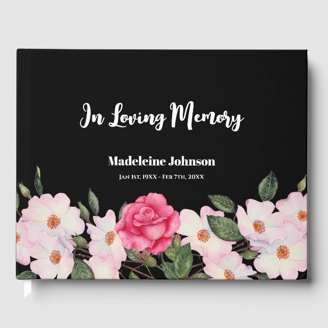Funeral Loved One Watercolor Pink White Roses Guest Book (Front)