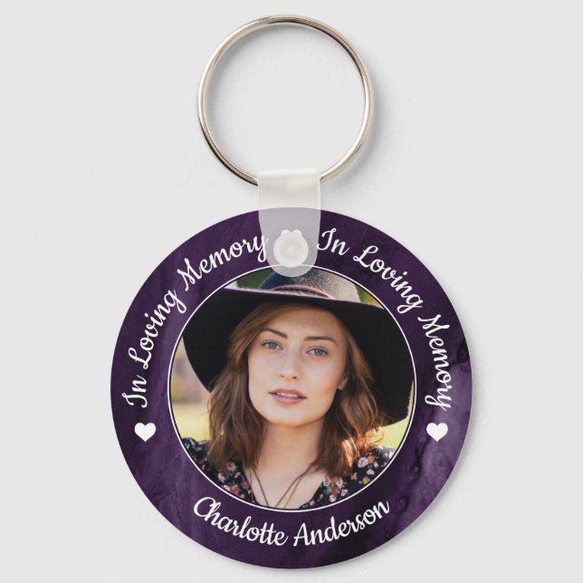 Funeral Loving Memory Photo Purple Marble Memorial Key Ring (Front)