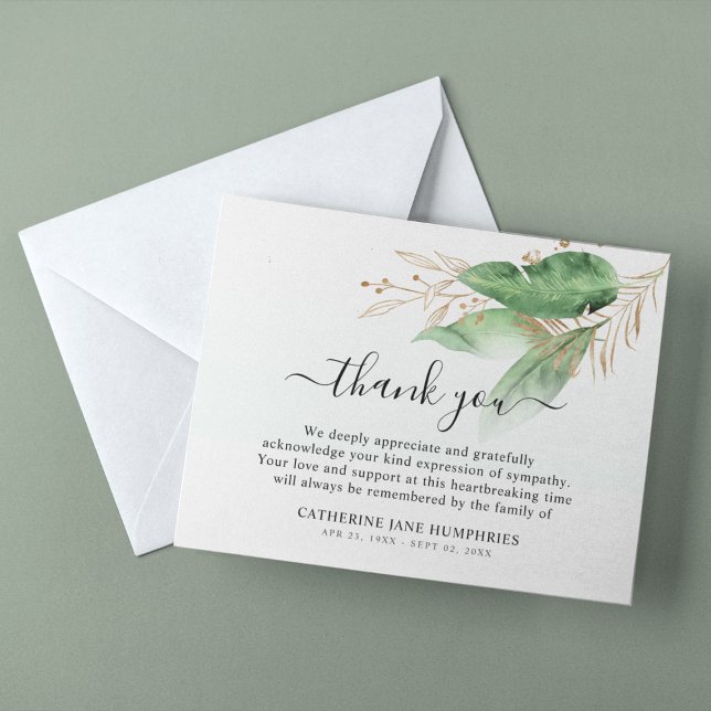 Funeral Luxury Botanical Greenery & Gold Sympathy Thank You Card (Creator Uploaded)