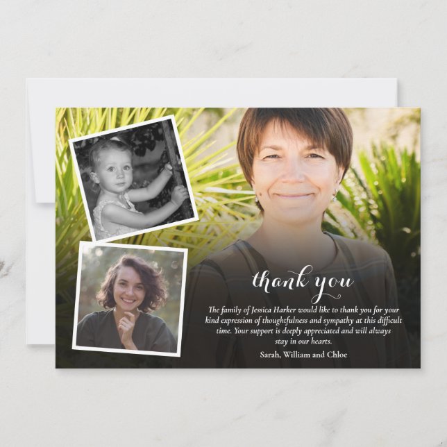 Funeral Memorial 4 Photo Collage Script Thank You Card (Front)