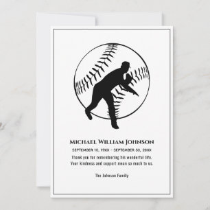 Funeral Memorial Black And White Baseball Pitcher Thank You Card
