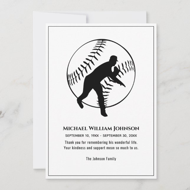 Funeral Memorial Black And White Baseball Pitcher Thank You Card (Front)