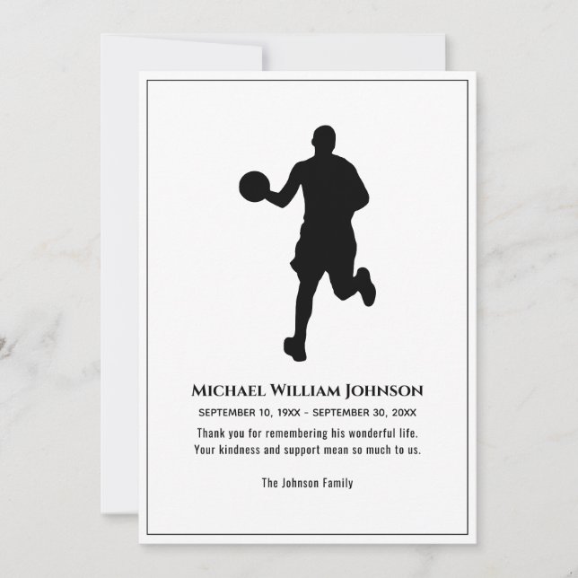 Funeral Memorial Black And White Basketball Player Thank You Card (Front)