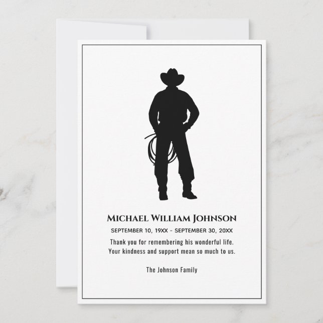 Funeral Memorial Black And White Cowboy Lasso Thank You Card (Front)