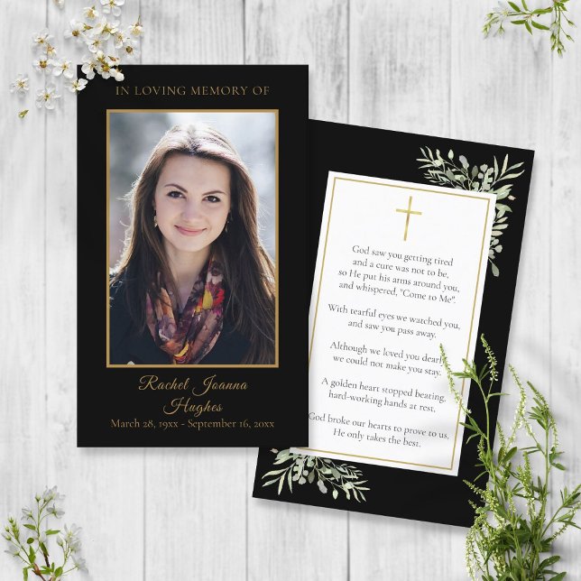 Funeral Memorial Black Gold Photo Prayer Cards (Creator Uploaded)