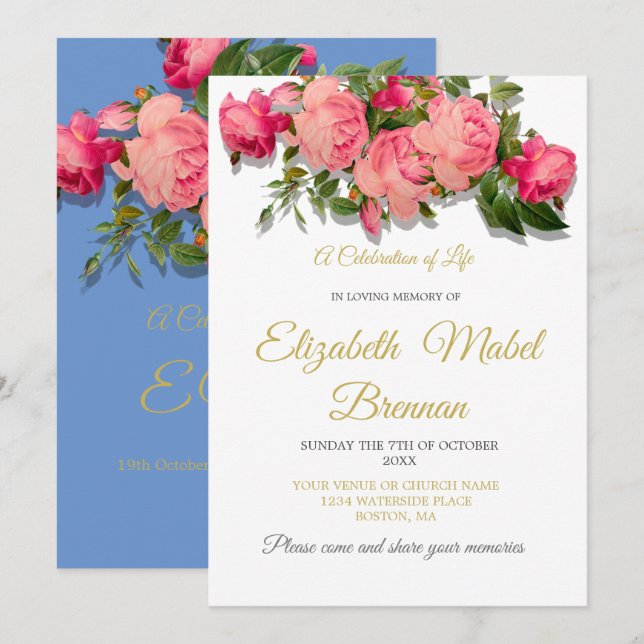 Funeral Memorial Blue Roses Celebration of life Invitation (Front/Back)