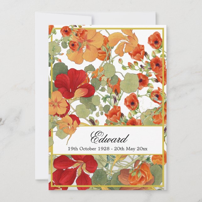 Funeral Memorial Floral Gold Celebration  Invitation (Front)