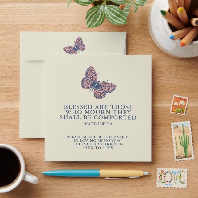 Funeral memorial gift coral cream butterfly seed envelope (Desk)