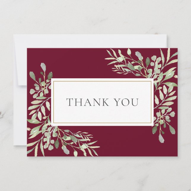 Funeral Memorial Greenery Burgundy Gold Thank You Card (Front)