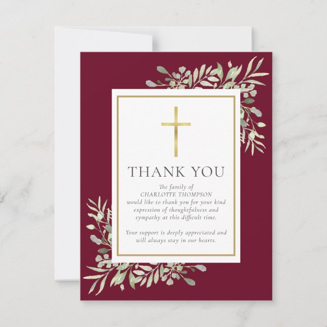 Funeral Memorial Greenery Christian Photo Thank You Card (Front)
