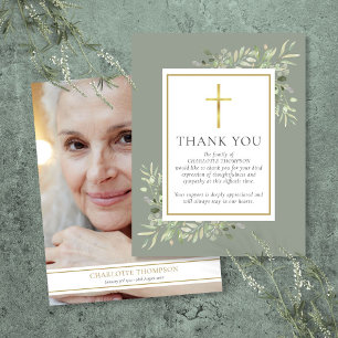 Funeral Memorial Greenery Christian Photo Thank You Card