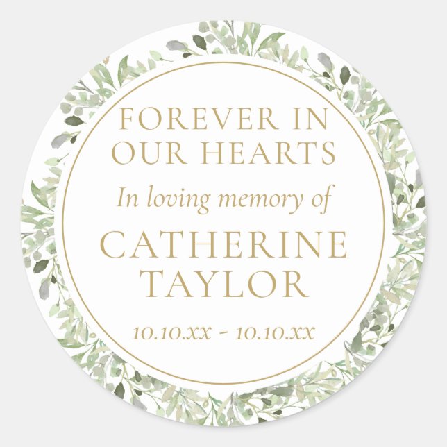 Funeral Memorial Greenery Floral Classic Round Sticker (Front)
