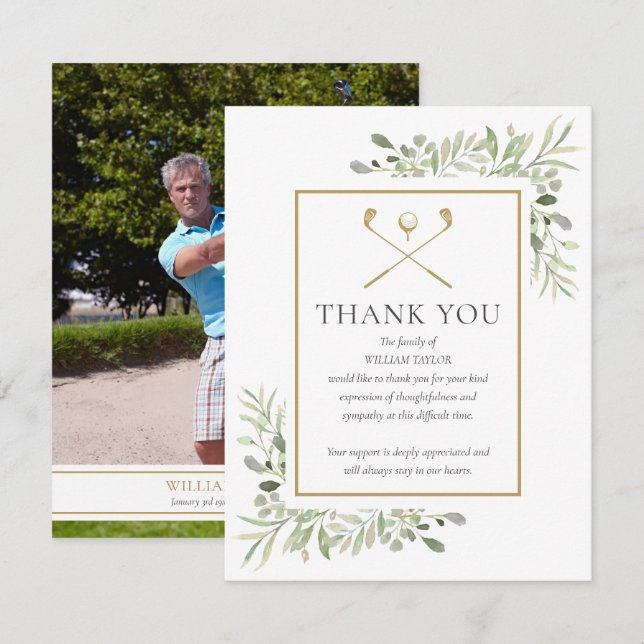 Funeral Memorial Greenery Golfer Photo Thank You Card (Front/Back)