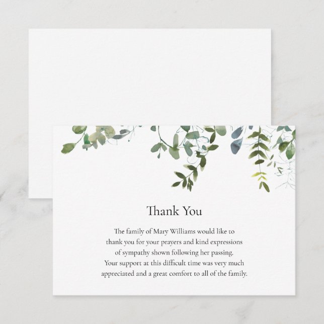 Funeral Memorial Greenery Thank You Note Card (Front/Back)
