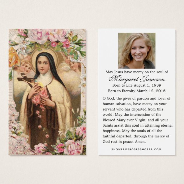 Funeral Memorial Holy Card St. Therese Roses (Front & Back)