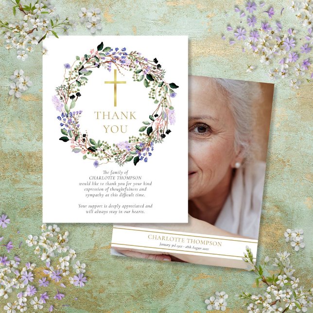 Funeral Memorial Lavender Floral Christian Photo Thank You Card (Funeral Memorial Lavender Floral Christian Photo Thank You Card)