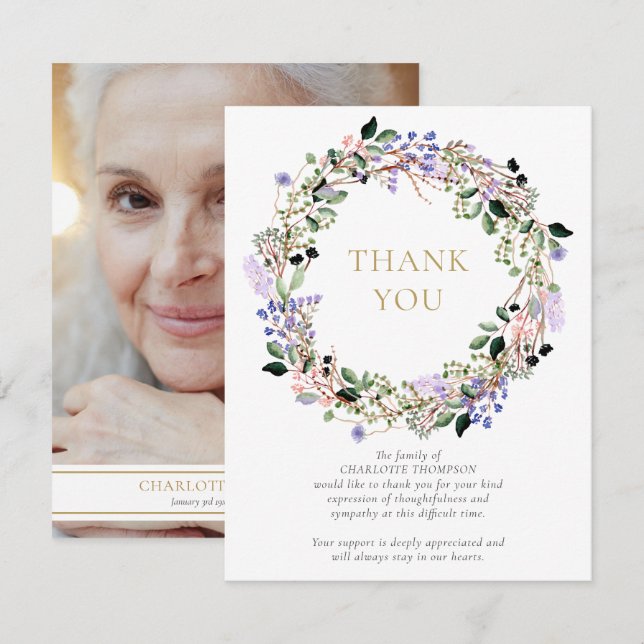 Funeral Memorial Lavender Floral Photo Thank You Card (Front/Back)