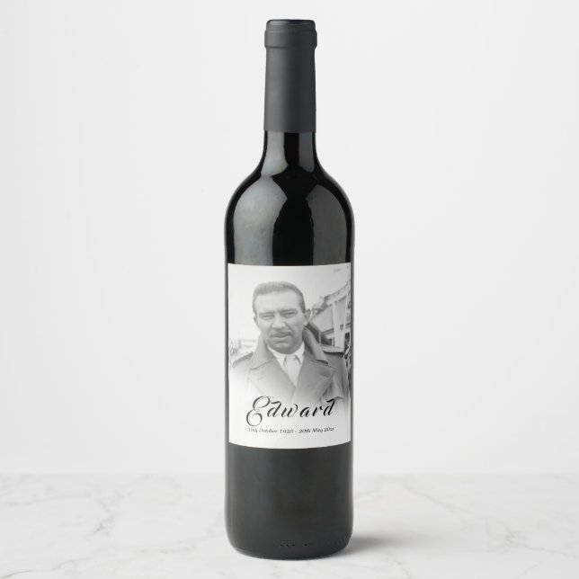 Funeral Memorial Male Simple Black and White Photo Wine Label (Front)