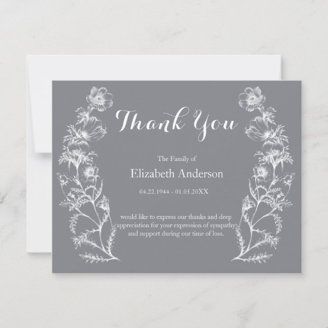 Funeral Memorial Modern Floral Grey Thank You Card (Front)