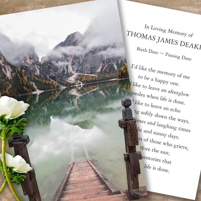 Funeral Memorial Mountain Prayer Sympathy Cards (snowy mountains, lake, celebration of life, in loving memory of, prayer cards for bereavement)