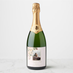 Funeral Memorial Photo Elegant Pink Rose Floral Sparkling Wine Label