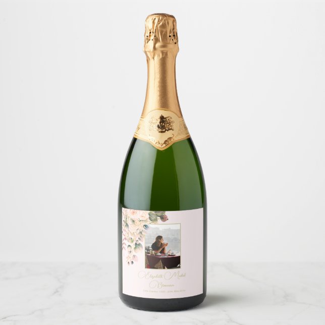 Funeral Memorial Photo Elegant Pink Rose Floral Sparkling Wine Label (Front)