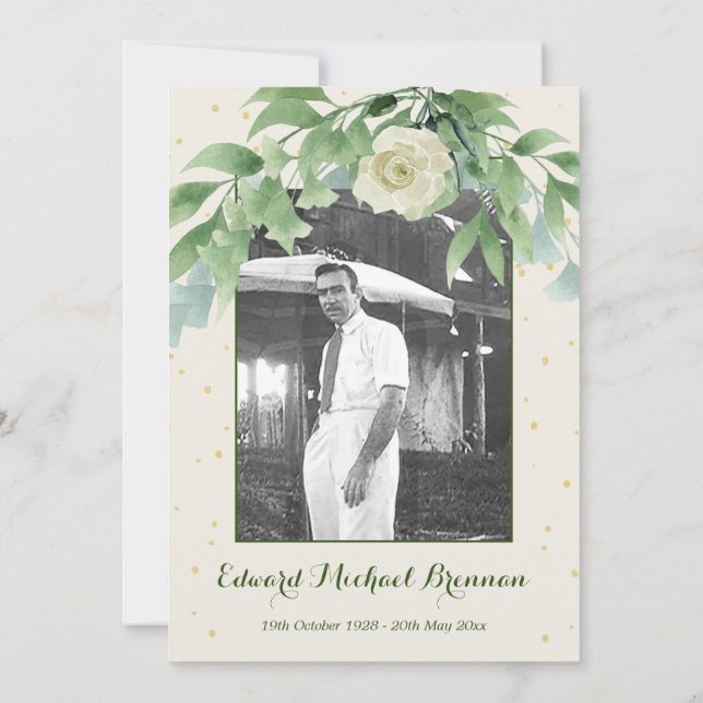 Funeral Memorial Photo Elegant Rose  Foliage Invitation (Back)
