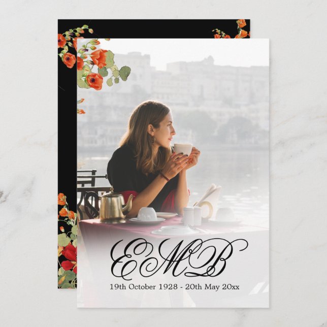 Funeral Memorial Photo Floral Black Celebration  Invitation (Front/Back)