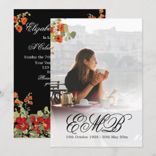 Funeral Memorial Photo Floral Black Celebration  Invitation