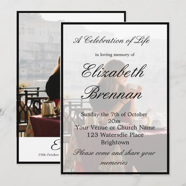 Funeral Memorial Photo Monogram Elegant Black  Inv Invitation (Front/Back)