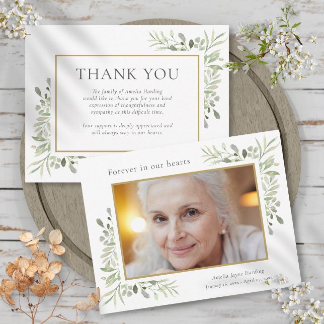 Funeral Memorial Photo Watercolor Greenery Thank You Card (Funeral Photo Thank You Watercolor Leaves Card)