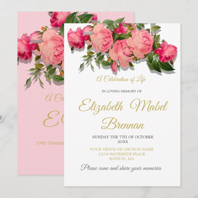 Funeral Memorial Pink Roses Celebration of life Invitation (Front/Back)
