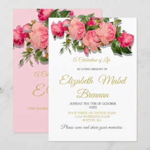 Funeral Memorial Pink Roses Celebration of life Invitation