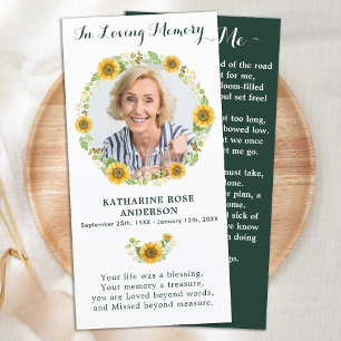 Funeral Memorial Prayer Card Sunflower Photo 
