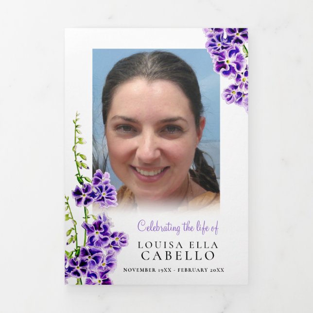 Funeral memorial program purple skyflower art Tri-Fold invitation (Cover)