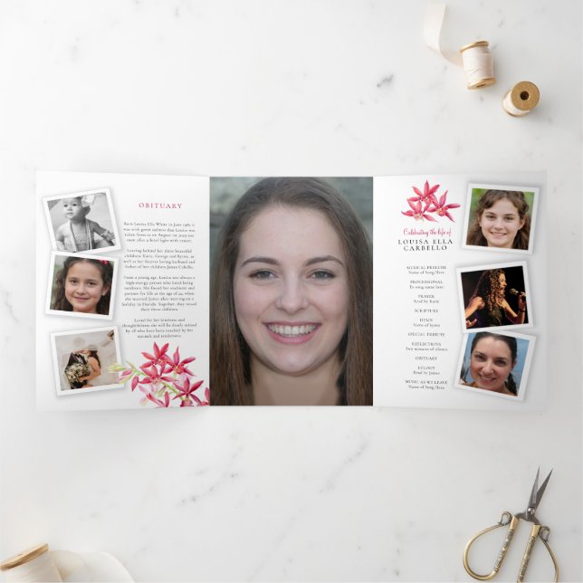 Funeral memorial program red jewel orchid flower Tri-Fold invitation (Inside)