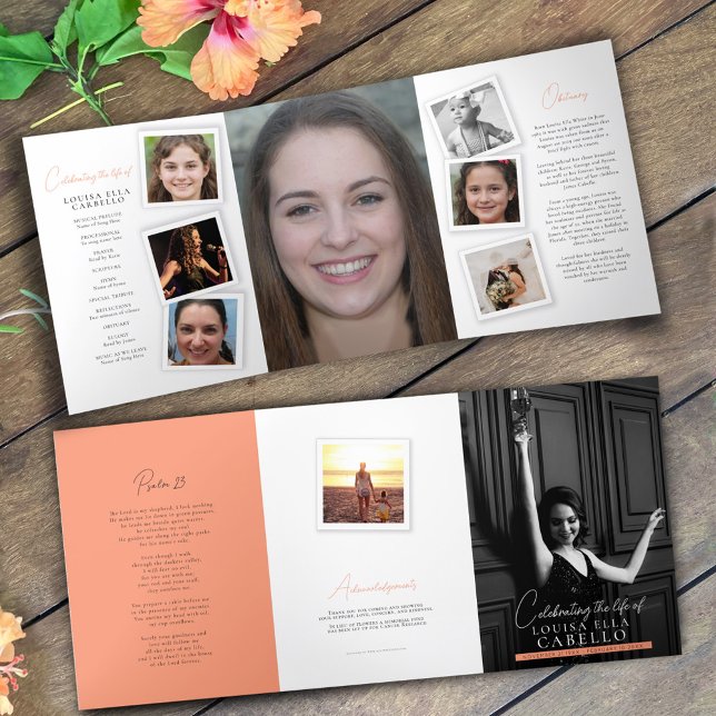 Funeral memorial program snap photos peach Tri-Fold programme (Creator Uploaded)