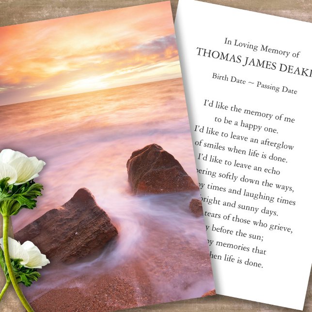 Funeral Memorial Seascape Prayer Sympathy Cards (sunset, sunrise, beach, celebration of life, in loving memory of, prayer cards for bereavement)