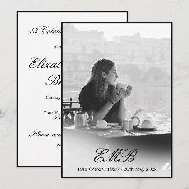 Funeral Memorial Simple Black and  White Photo Invitation (Front/Back)