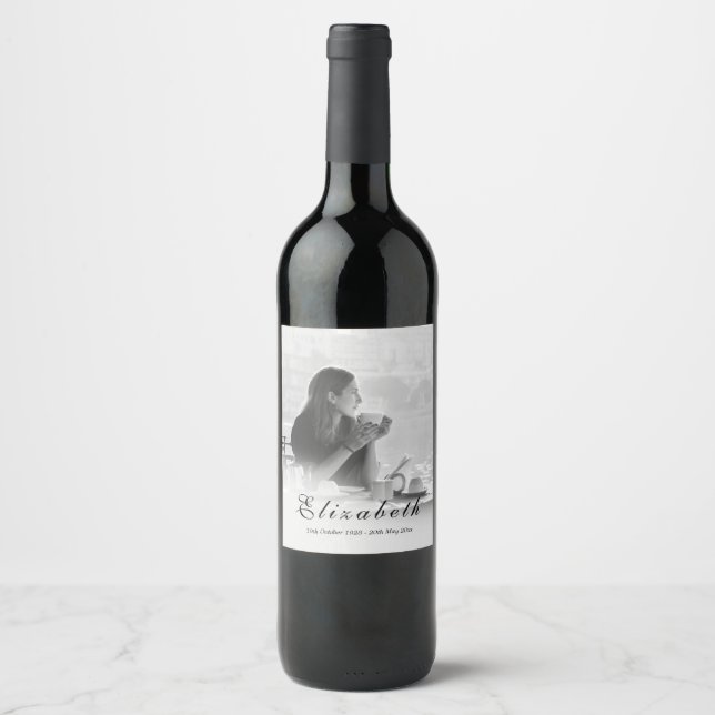 Funeral Memorial Simple Black and White Photo Wine Label (Front)