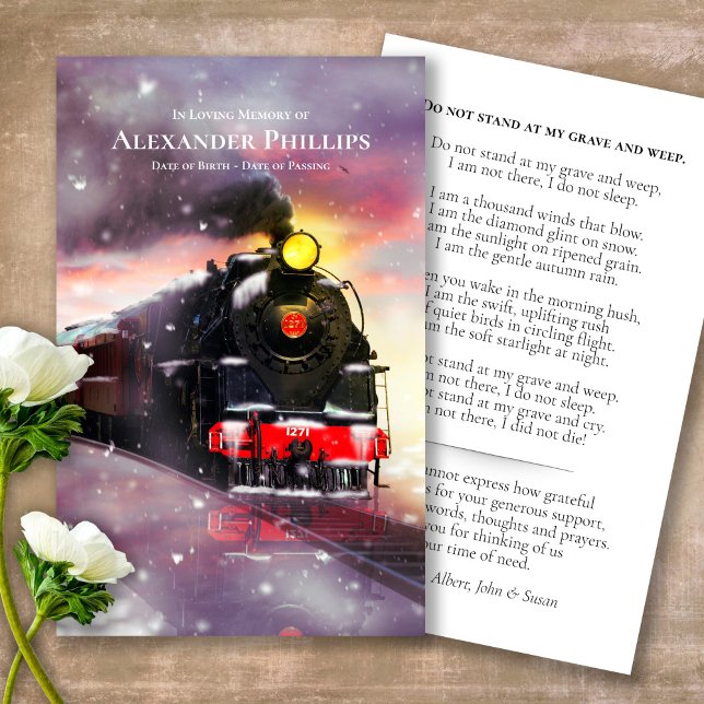 Funeral Memorial Steam Train Prayer Sympathy Card (Steam Train, prayer cards, celebration of life, in loving memory of, prayer cards for bereavement)