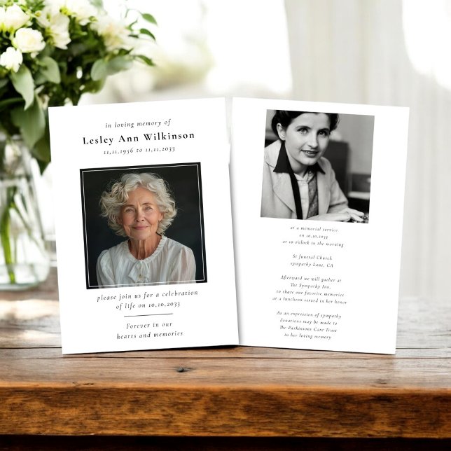 funeral Memorial sympathy Celebration of Life Invitation (modern simple minimalistic funeral memorial invitation with two photos for a treasured keepsake)