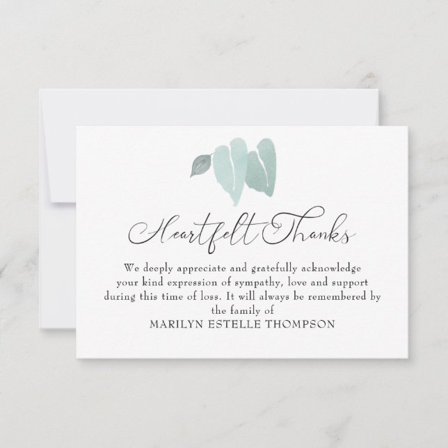Funeral Memorial Watercolor Broken Heart Leaves Thank You Card (Front)