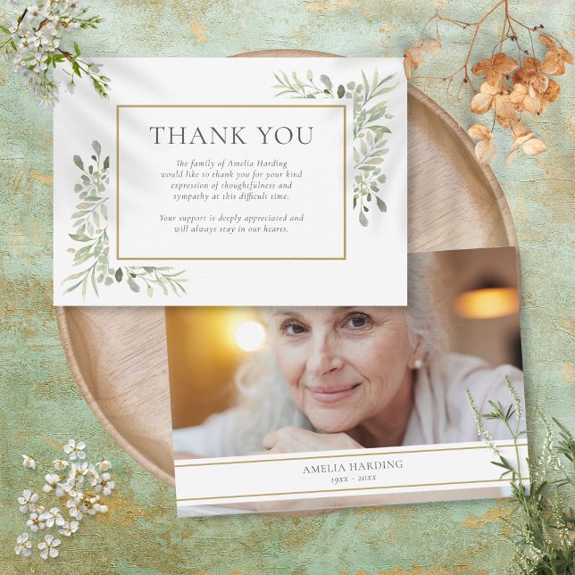 Funeral Memorial Watercolor Foliage Photo Thank You Card (Funeral Memorial Watercolor Foliage Photo Thank You Card)