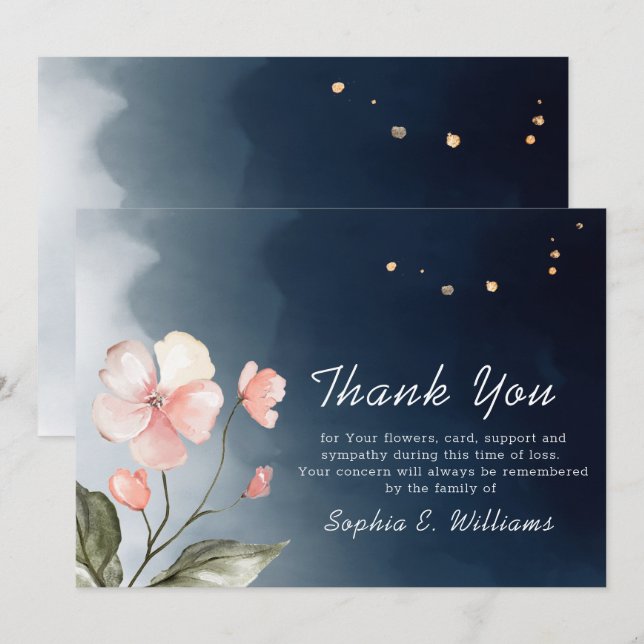Funeral Navy Blue Elegant Floral Thank You Card (Front/Back)