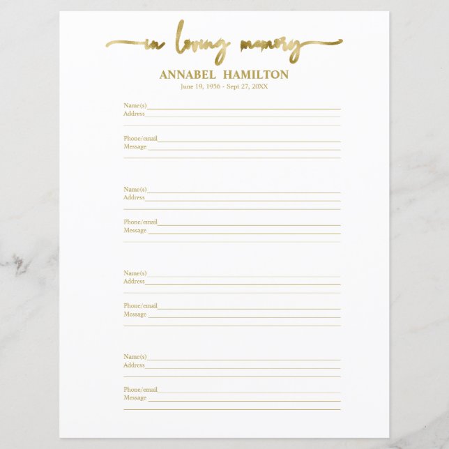 Funeral Or Memorial Guest Book Filler Page (Front)