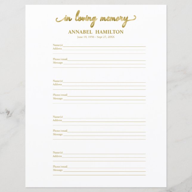 Funeral Or Memorial Guest Book Filler Page (Front)