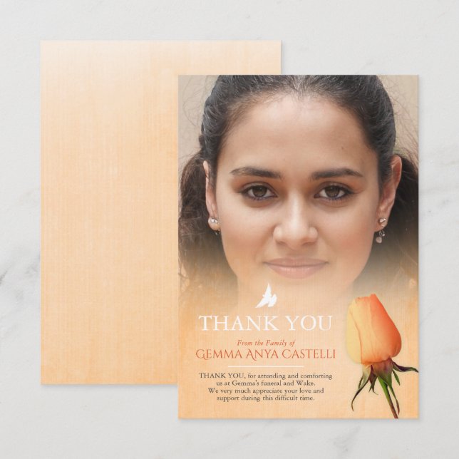 Funeral orange rose photo family thank you card (Front/Back)